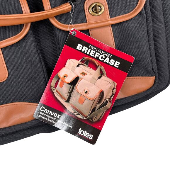 Totes Twin Pocket Briefcase Black Canvas Laptop Expandable New - Picture 12 of 16